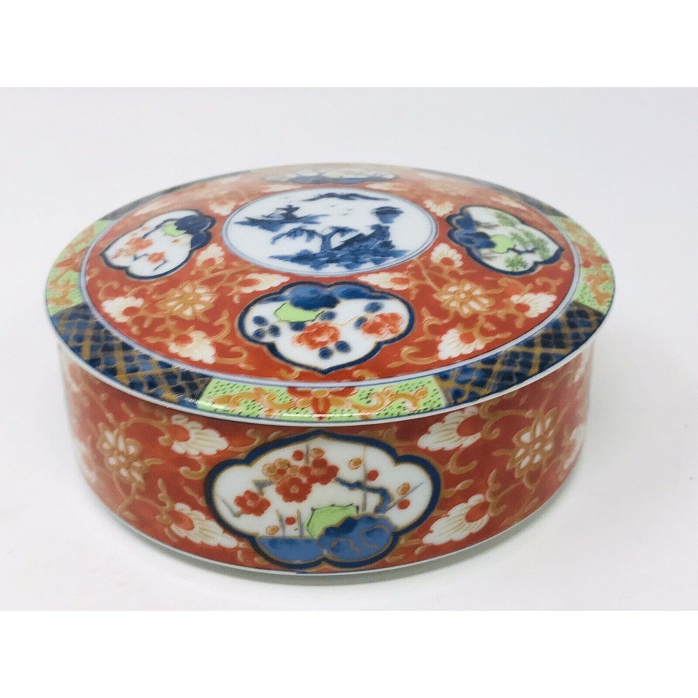 IMARI Japanese Round Porcelain Covered Bowl Trinket Dish Red Green Blue Vintage